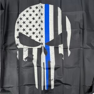 Punisher Thin Blue Line Flag Black & Blue Police Support Banner 3x5
